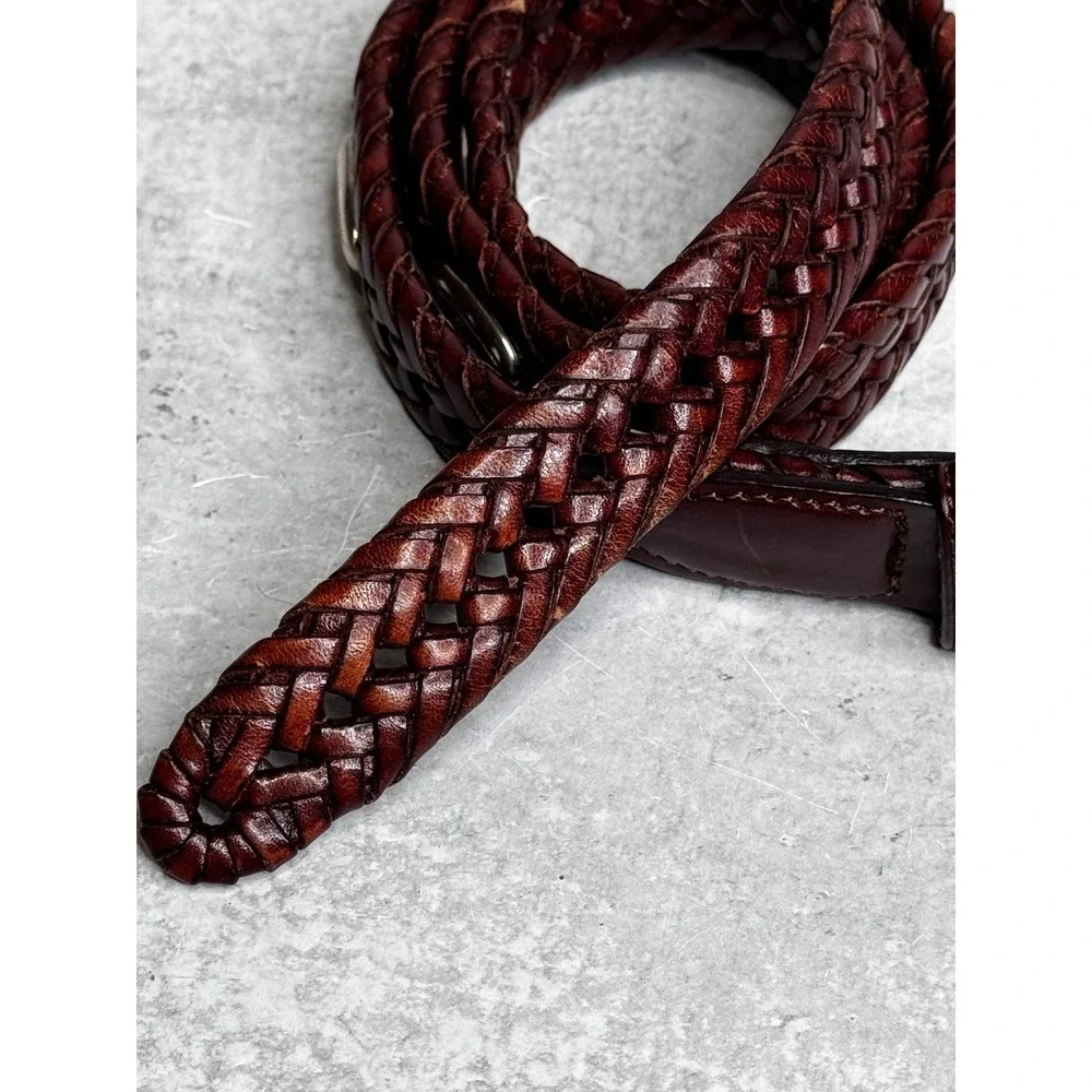 Fossil Mens Brown Braided Woven Genuine Leather Belt Silver Hardware BT2279200 M